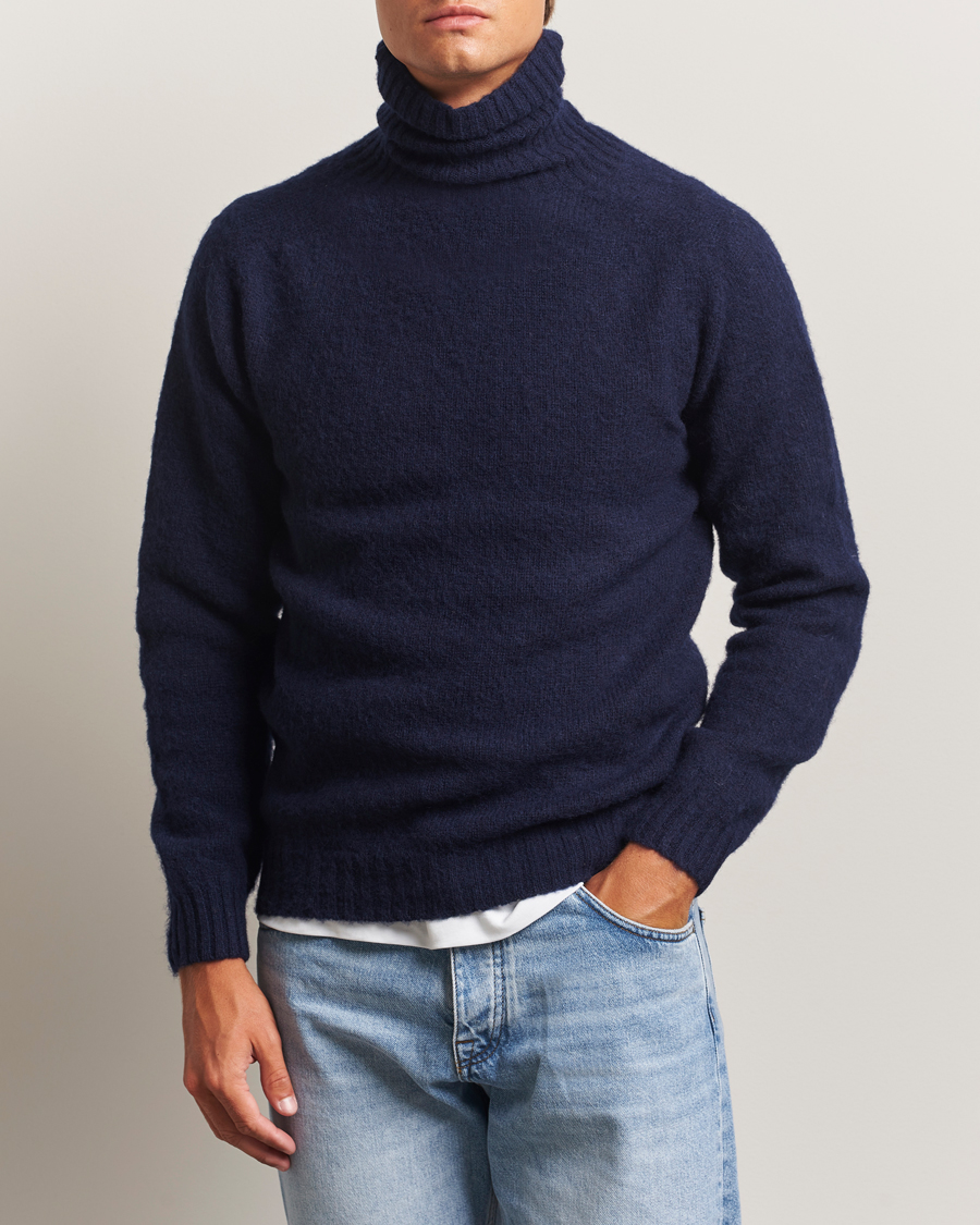 Uomini | Maglieria | Harley Of Scotland | Brushed Supersoft Lambswool Rollneck Navy