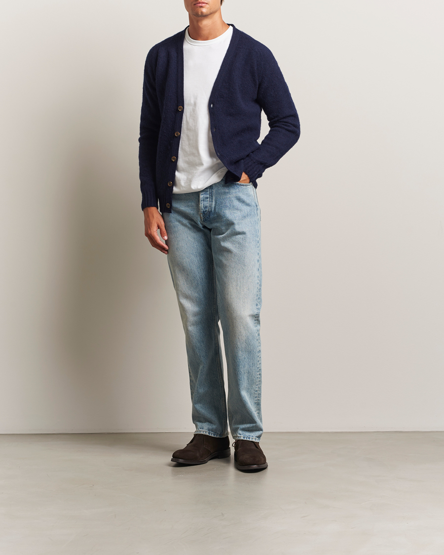 Uomini | Maglieria | Harley Of Scotland | Brushed Supersoft Lambswool Cardigan Navy