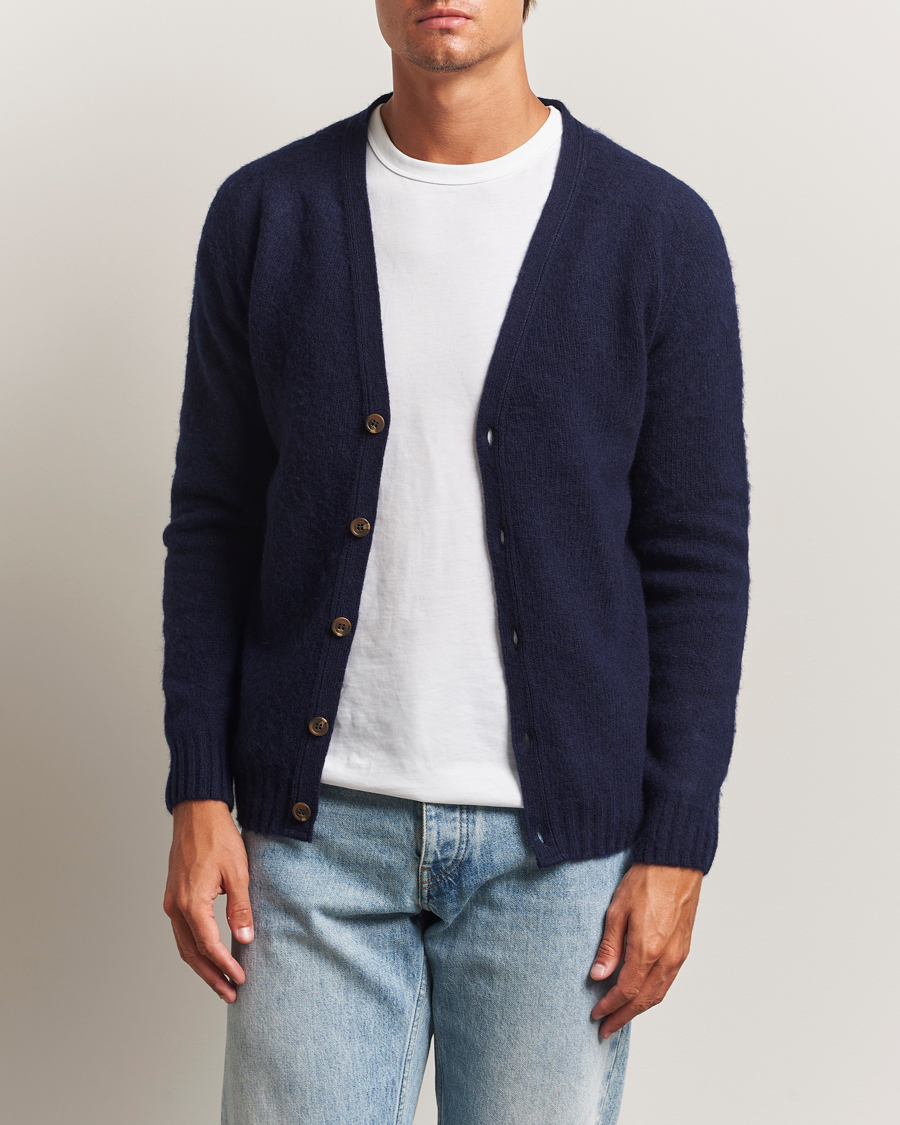 Uomini | Maglieria | Harley Of Scotland | Brushed Supersoft Lambswool Cardigan Navy