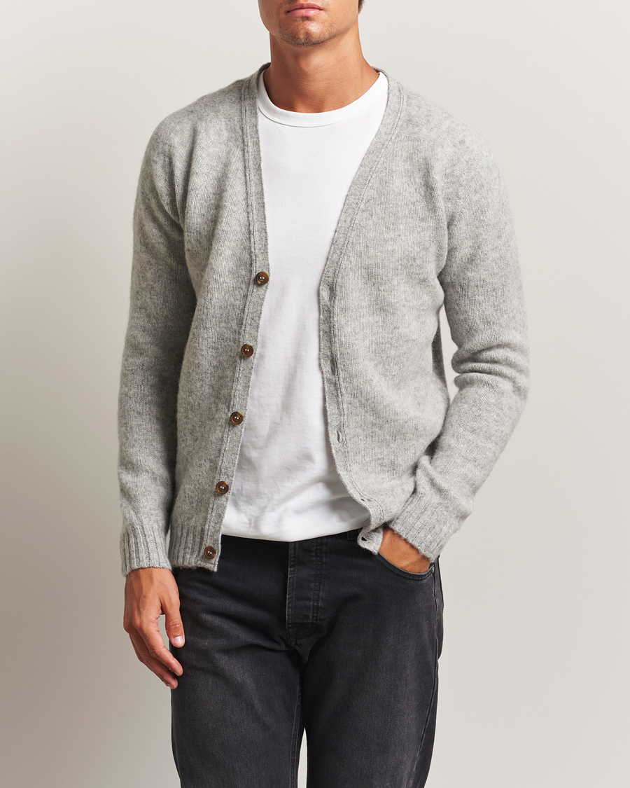 Uomini | Maglieria | Harley Of Scotland | Brushed Supersoft Lambswool Cardigan Silver