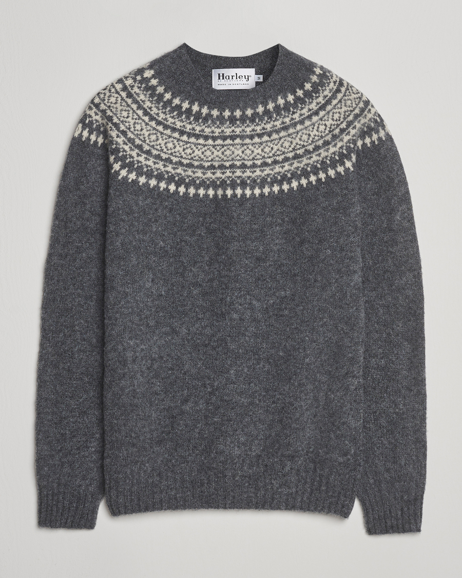 Uomini | Maglieria | Harley Of Scotland | Brushed Supersoft Lambswool Yolk Fairisle Grey