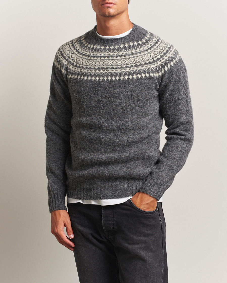 Uomini | Maglieria | Harley Of Scotland | Brushed Supersoft Lambswool Yolk Fairisle Grey