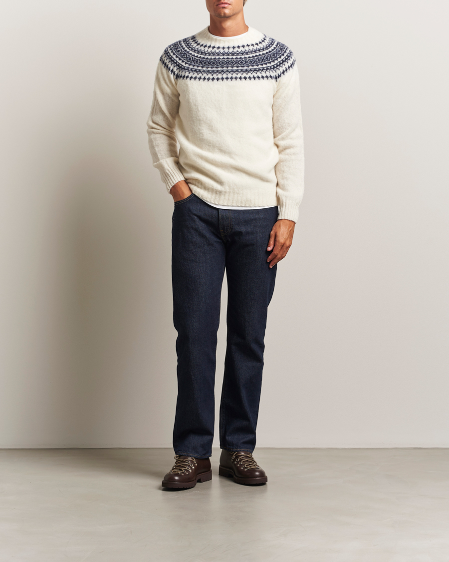 Uomini | Maglieria | Harley Of Scotland | Brushed Supersoft Lambswool Yolk Fairisle White
