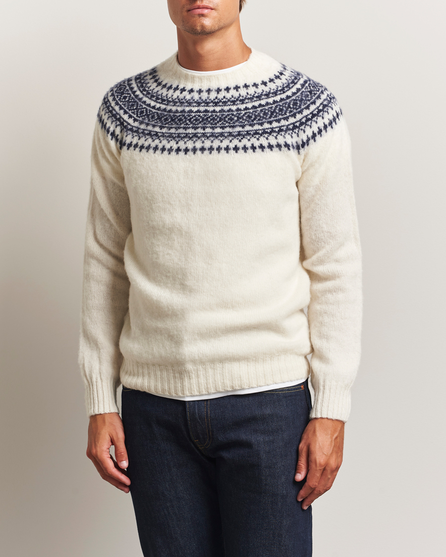 Uomini | Maglieria | Harley Of Scotland | Brushed Supersoft Lambswool Yolk Fairisle White