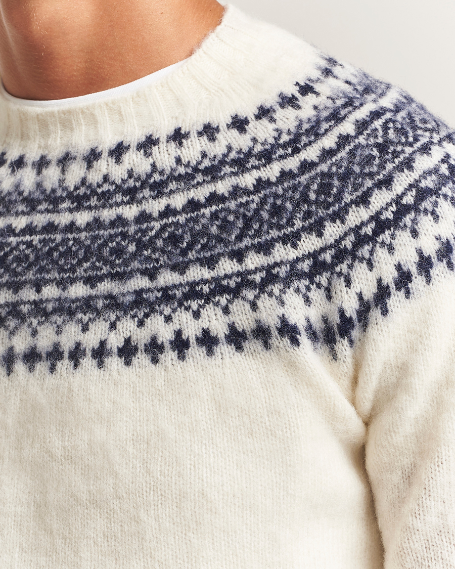 Uomini | Maglieria | Harley Of Scotland | Brushed Supersoft Lambswool Yolk Fairisle White