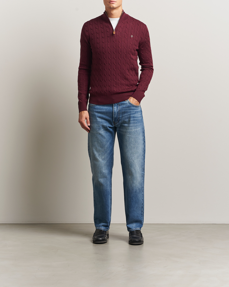Uomini | Maglieria | Morris | Merino Cable Half Zip Wine Red