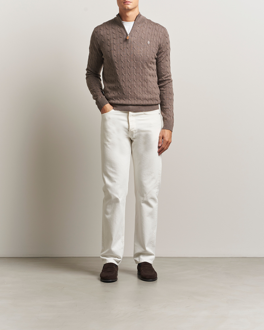 Uomini | Maglieria | Morris | Merino Cable Half Zip Light Brown