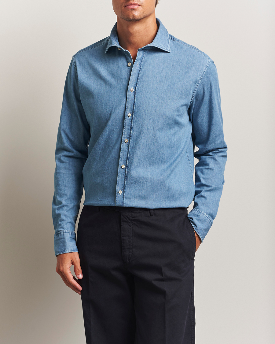 Uomini | Camicie | Stenströms | Regular Fit Garment Washed Shirt Light Denim