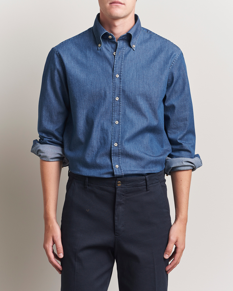 Uomini | Camicie | Stenströms | Regular Fit Button Down Garment Washed Shirt Denim