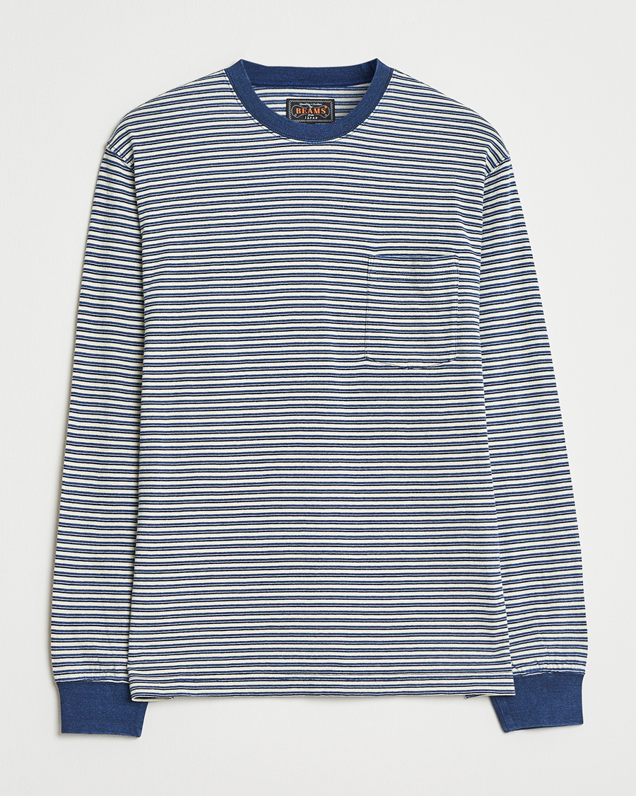 Uomini | T-shirt | BEAMS PLUS | Indigo Stripe Long Sleeve T-Shirt White/Navy