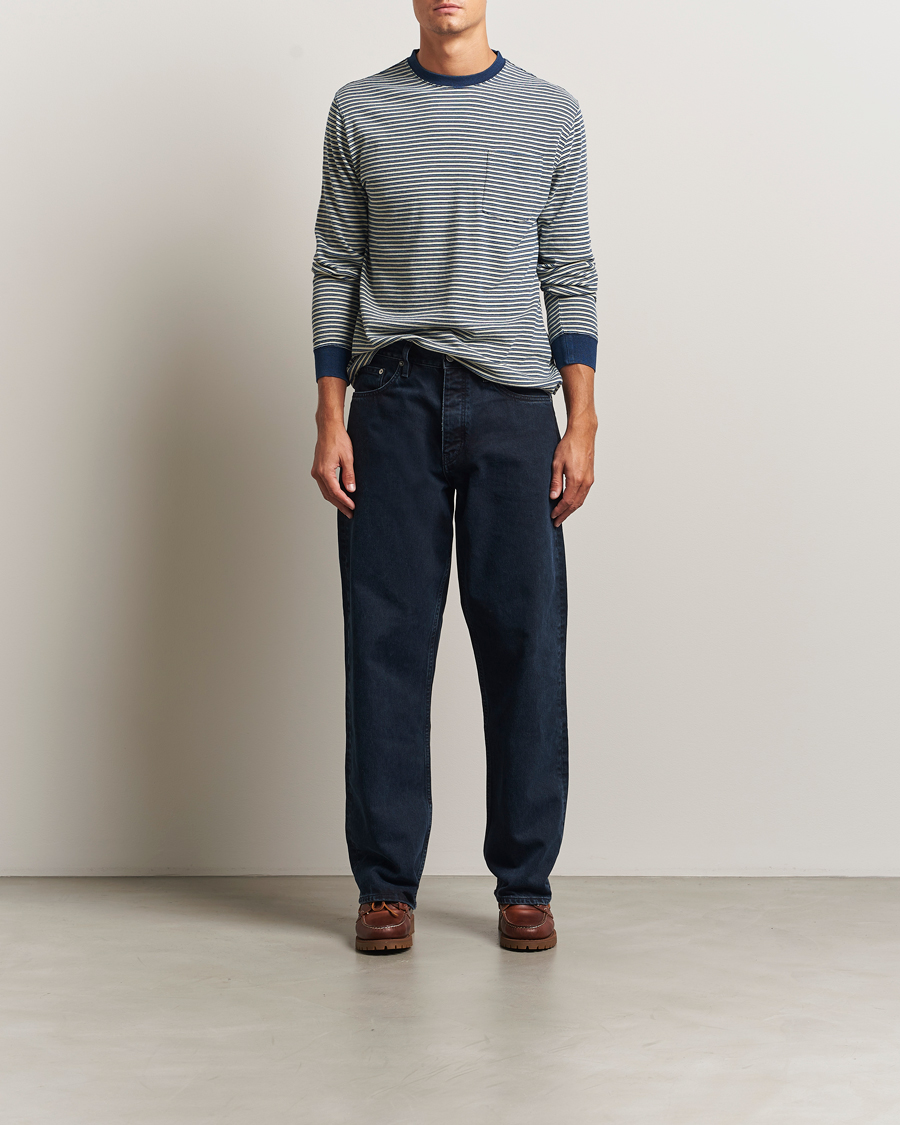 Uomini | T-shirt | BEAMS PLUS | Indigo Stripe Long Sleeve T-Shirt White/Navy