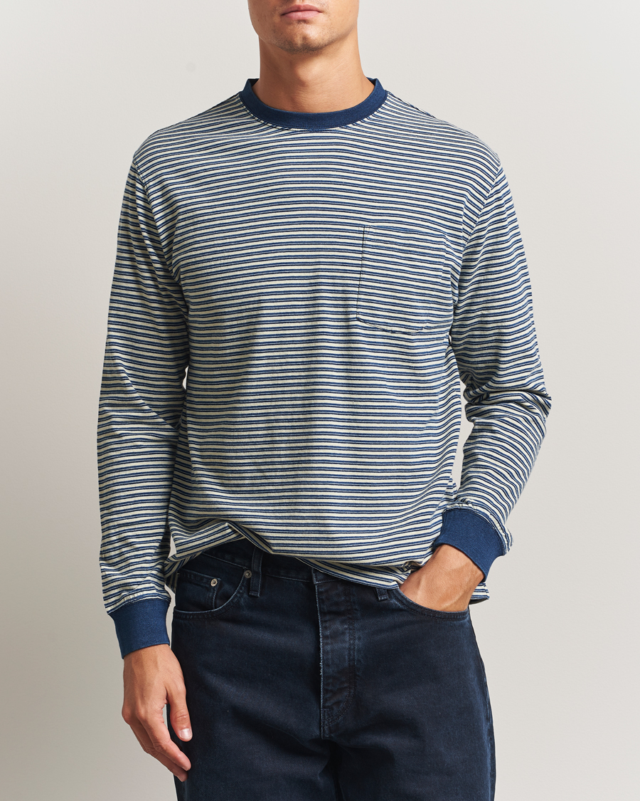 Uomini | T-shirt | BEAMS PLUS | Indigo Stripe Long Sleeve T-Shirt White/Navy