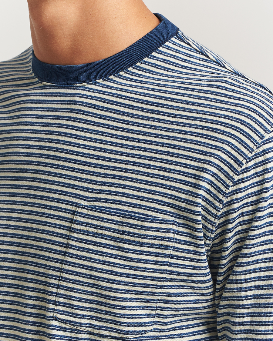 Uomini | T-shirt | BEAMS PLUS | Indigo Stripe Long Sleeve T-Shirt White/Navy