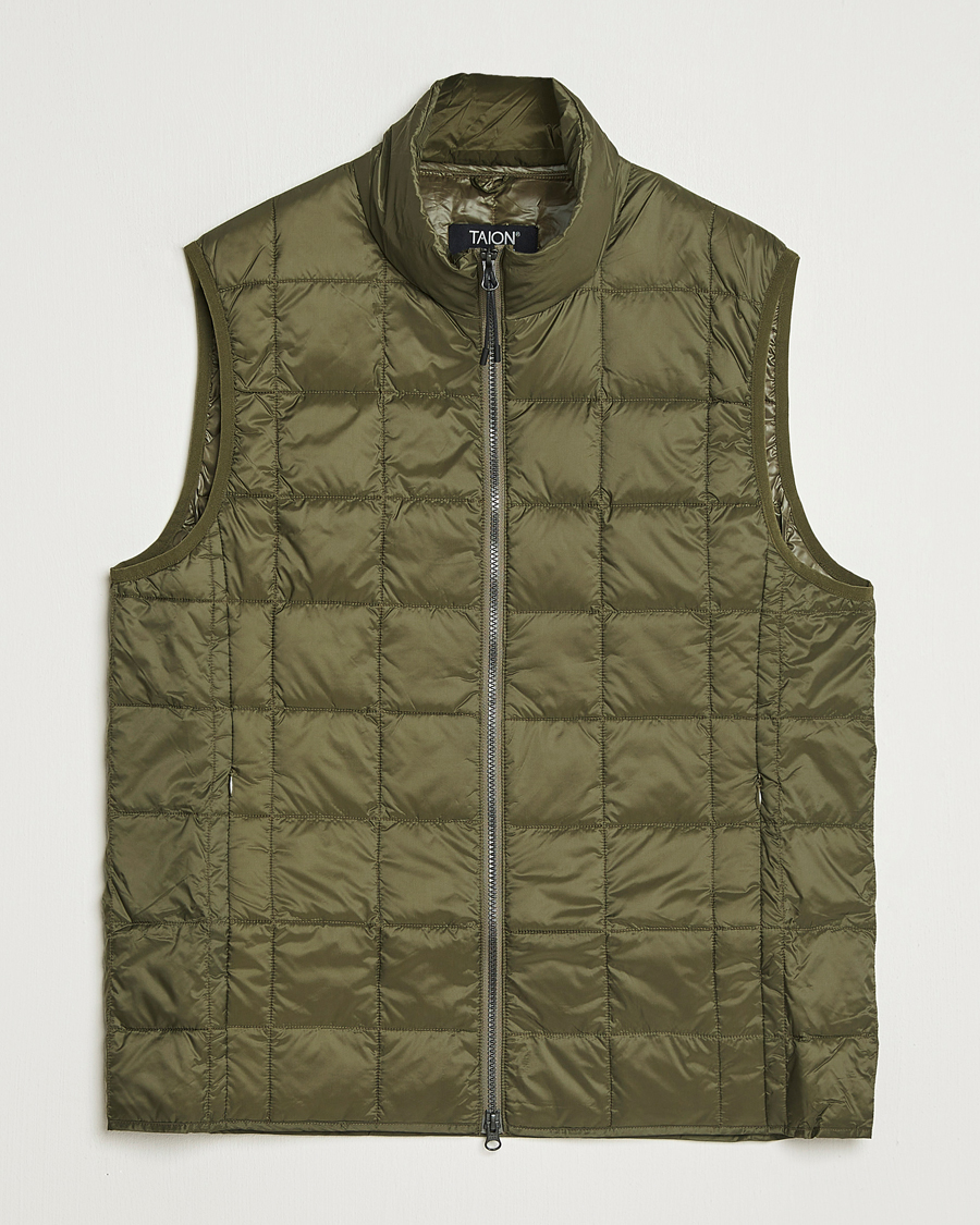 Uomini | Gilet | TAION | High Neck Full Zip Lightweight Down Vest Dark Olive