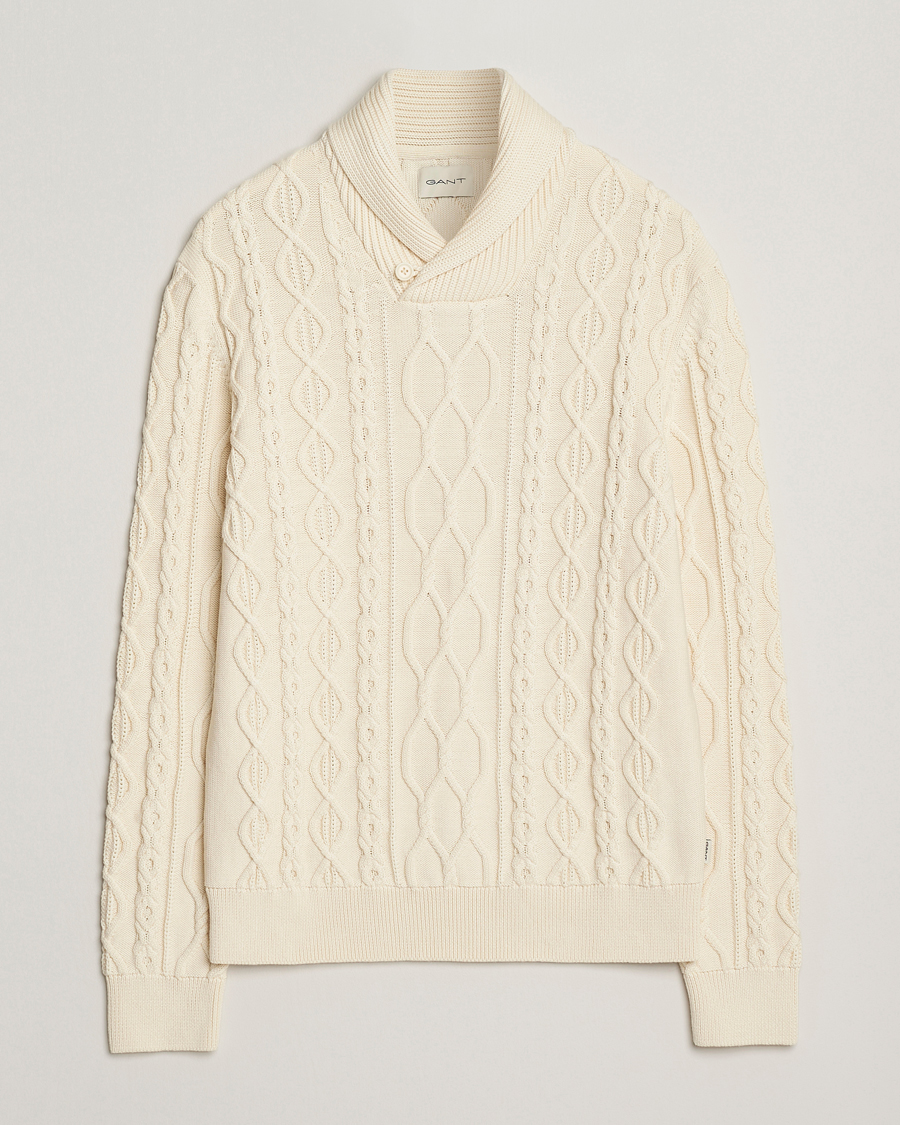 Uomini | Maglieria | GANT | Cable Shawl Collar Knitted Sweater Cream
