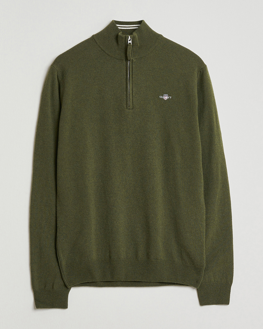 Uomini | Maglieria | GANT | Superfine Lambswool Half Zip Khaki Green Melange