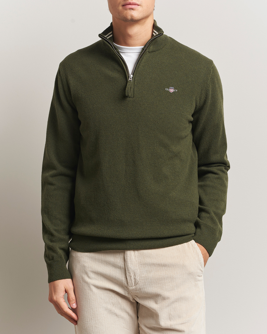 Uomini | Maglieria | Gant | Superfine Lambswool Half Zip Khaki Green Melange