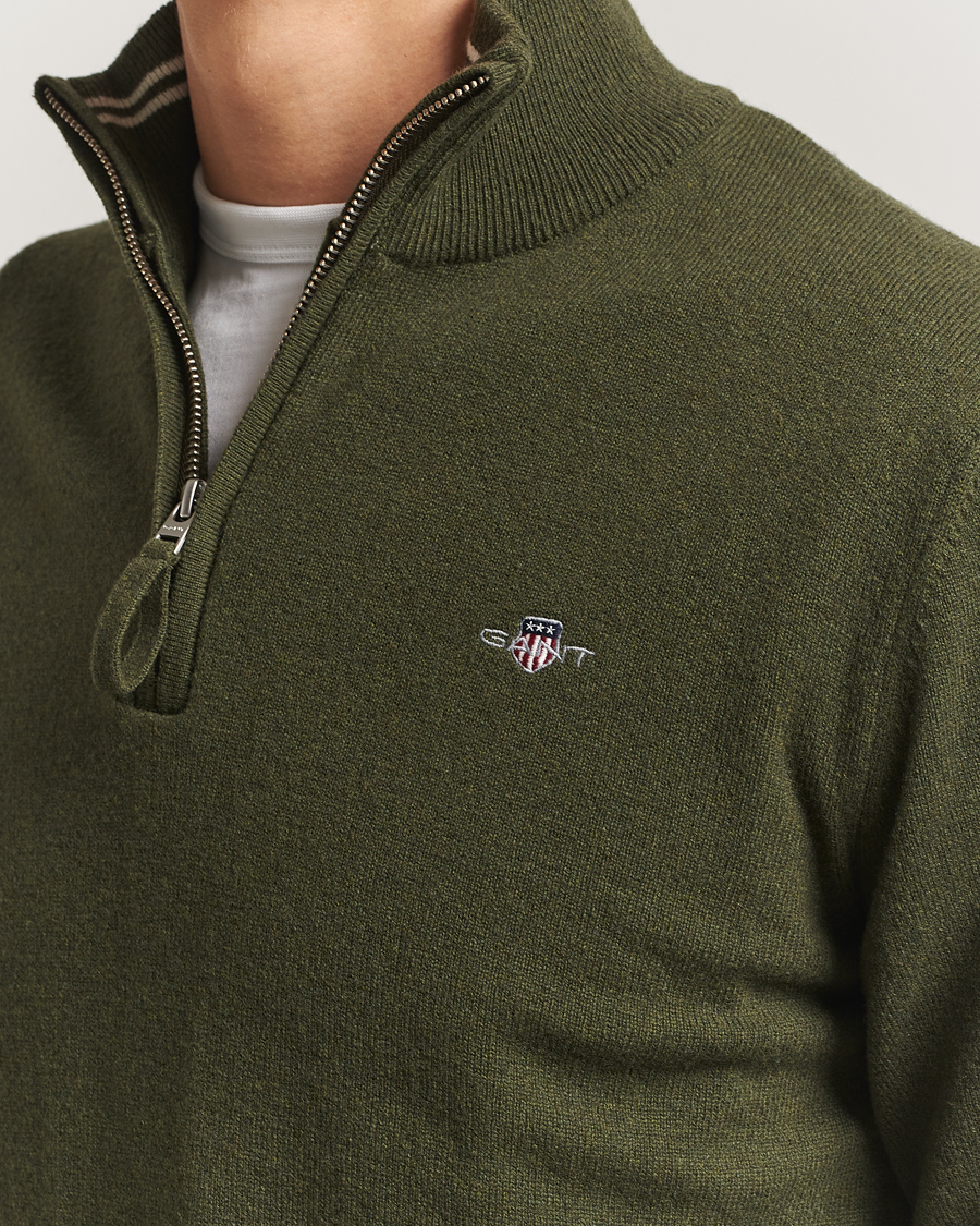 Uomini | Maglieria | Gant | Superfine Lambswool Half Zip Khaki Green Melange