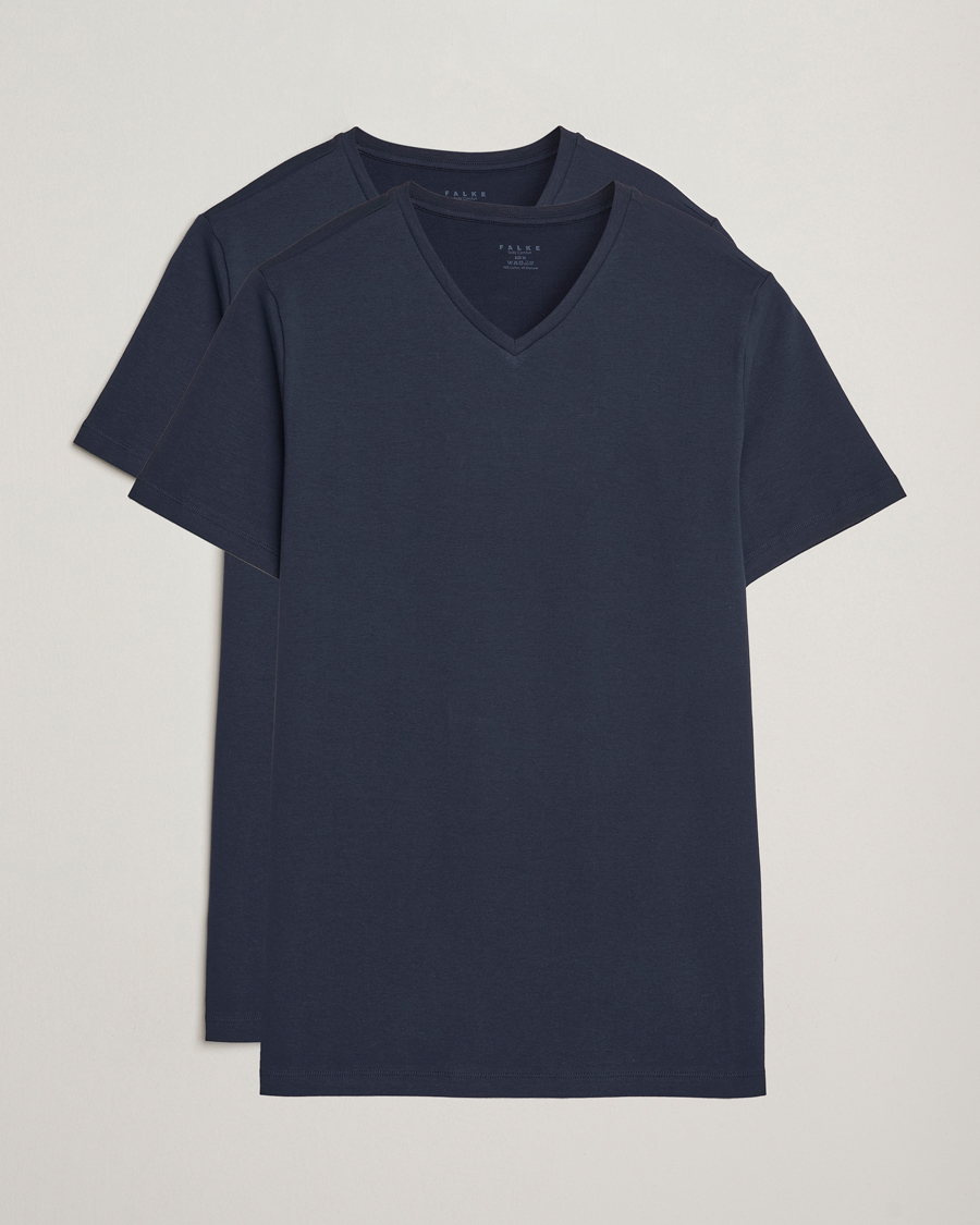 Uomini | T-shirt | Falke | 2-Pack Cotton V-Neck T-Shirt Midnight