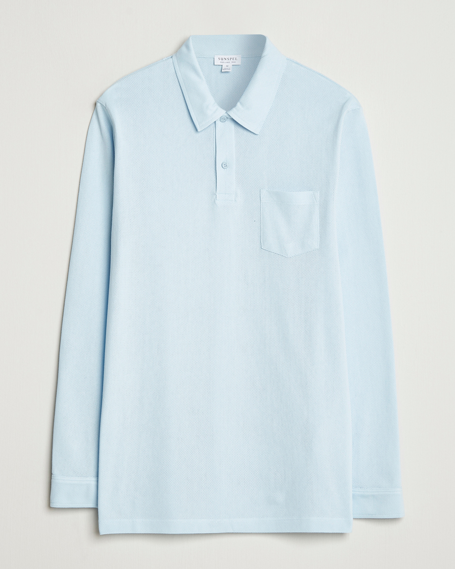 Uomini | Polo | Sunspel | Long Sleeve Riviera Polo Shirt Frost Blue
