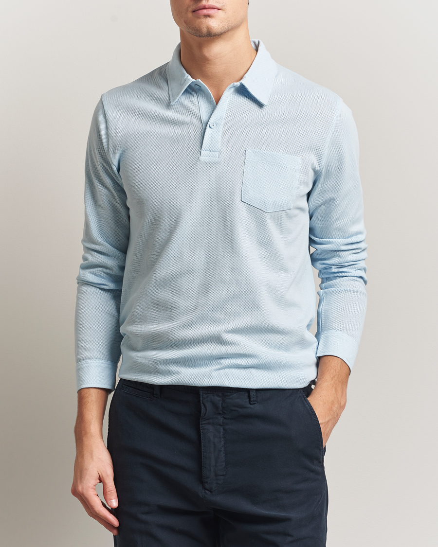 Uomini | Polo | Sunspel | Long Sleeve Riviera Polo Shirt Frost Blue