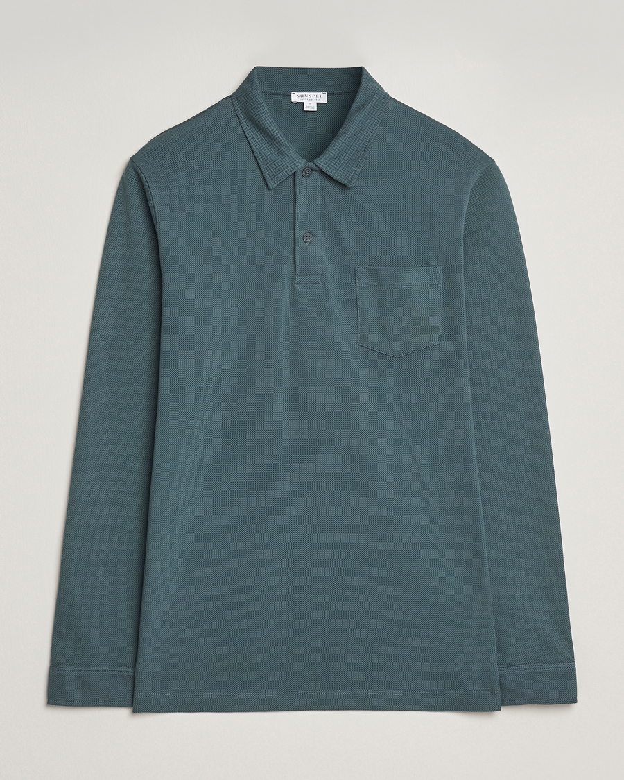 Uomini | Polo | Sunspel | Long Sleeve Riviera Polo Shirt Dark Petrol