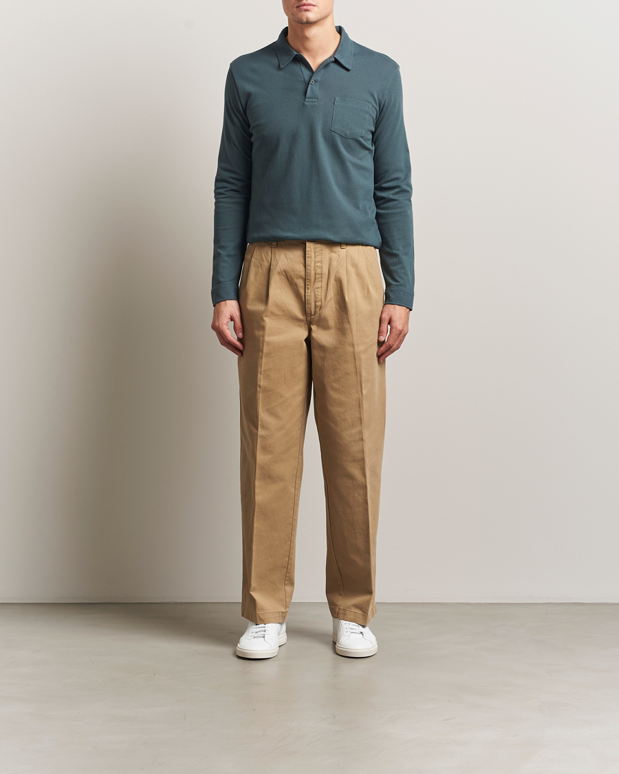 Uomini | Polo | Sunspel | Long Sleeve Riviera Polo Shirt Dark Petrol