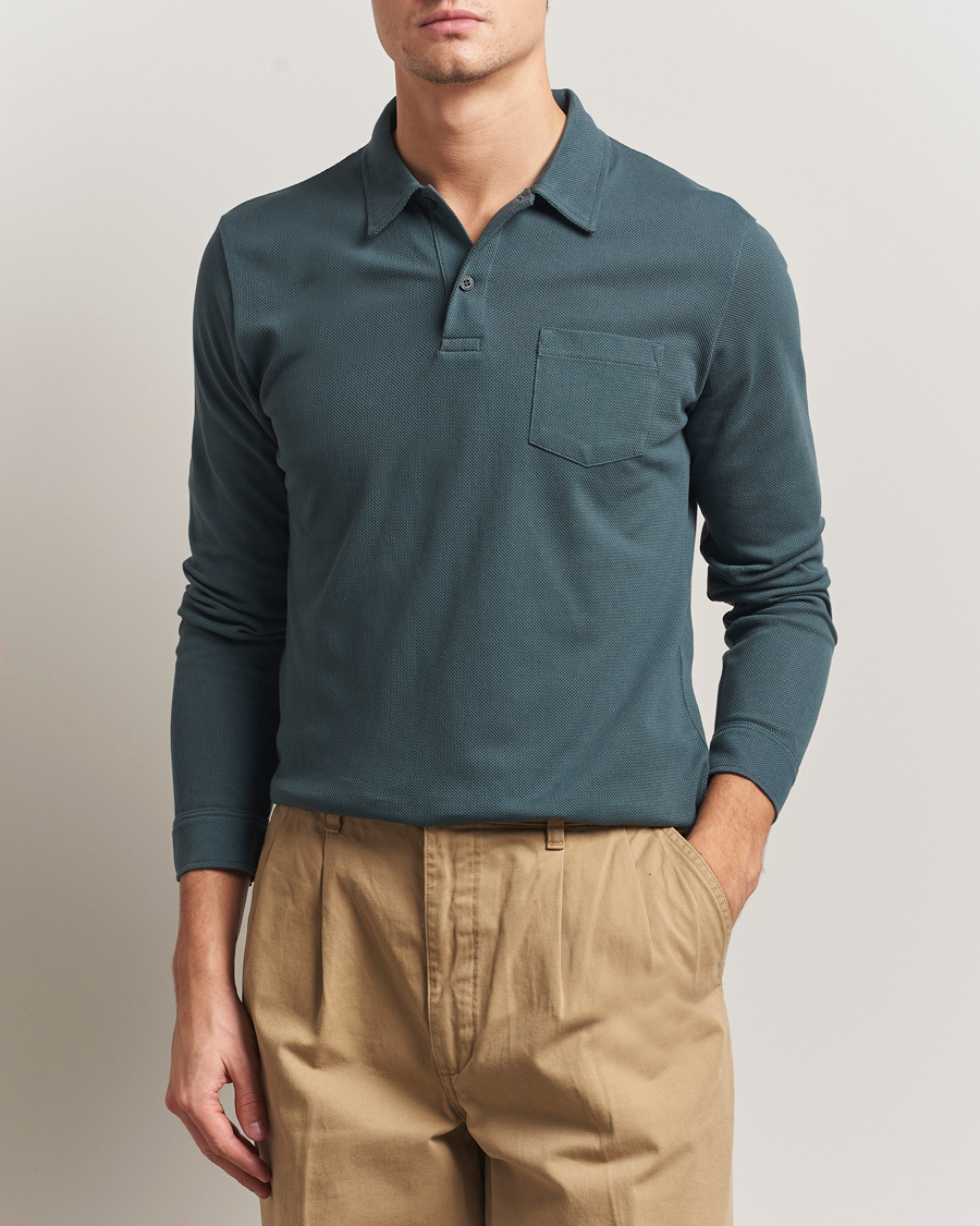 Uomini | Polo | Sunspel | Long Sleeve Riviera Polo Shirt Dark Petrol