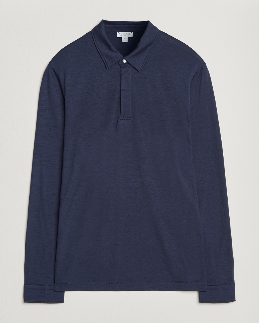 Uomini | Polo | Sunspel | Wool Jersey Long Sleeve Polo Navy