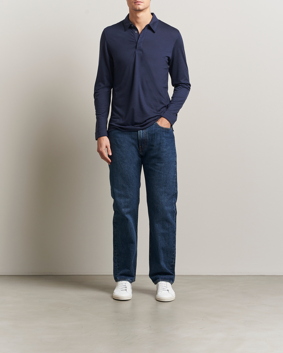 Uomini | Polo | Sunspel | Wool Jersey Long Sleeve Polo Navy
