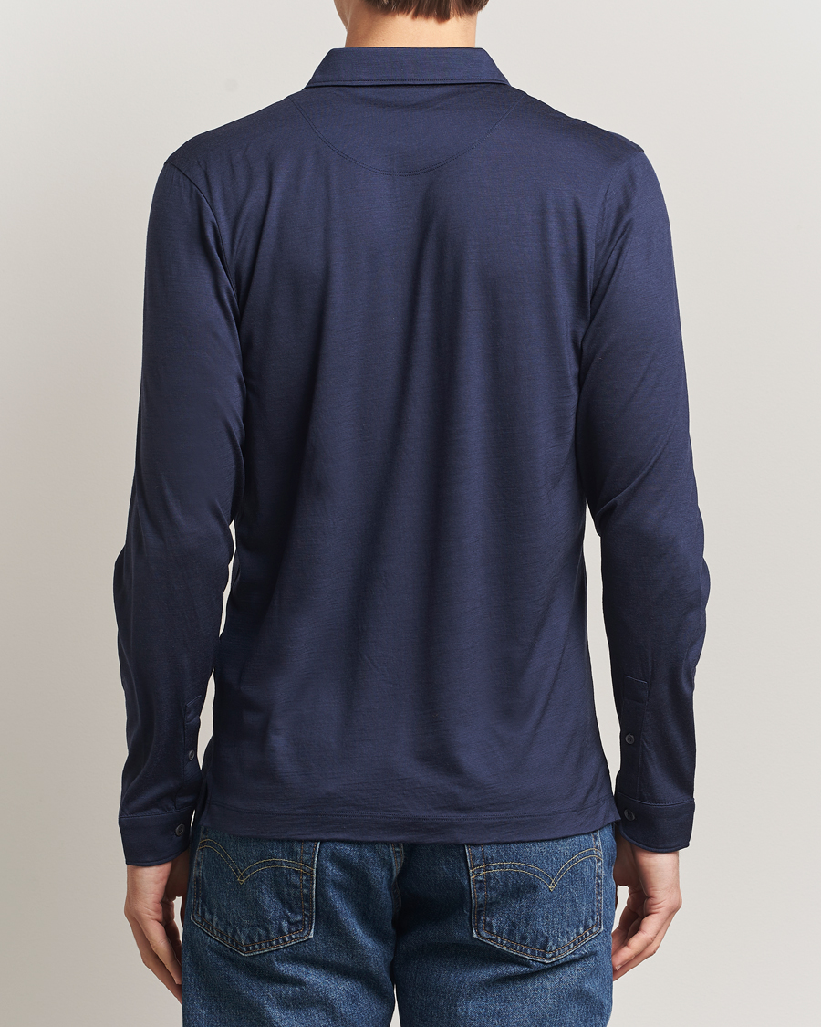 Uomini | Polo | Sunspel | Wool Jersey Long Sleeve Polo Navy
