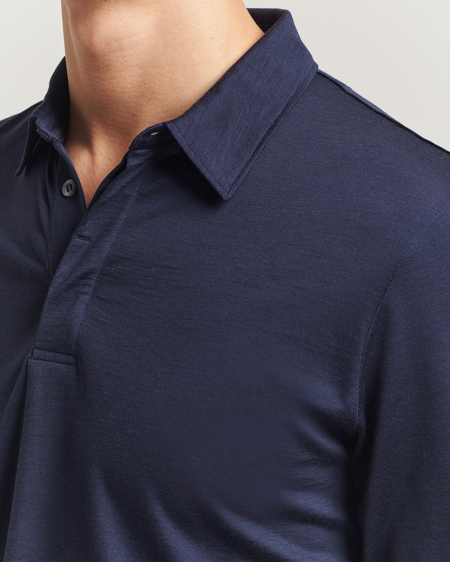 Uomini | Polo | Sunspel | Wool Jersey Long Sleeve Polo Navy