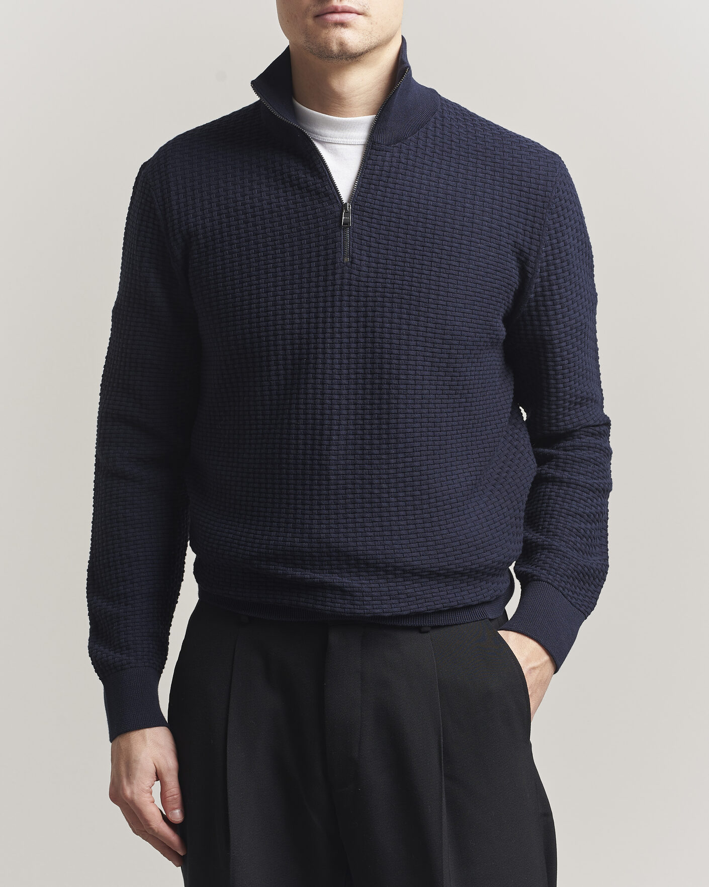 Uomini | Maglieria | BOSS BLACK | Ulicio Structured Knitted Half Zip Dark Blue