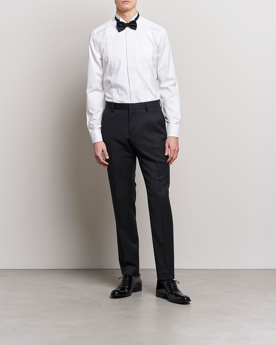 Uomini | Camicie | Stenströms | Slimline Stand Up Collar Plissè Shirt White