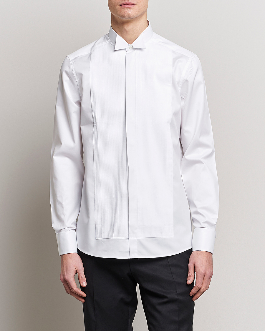 Uomini | Camicie | Stenströms | Slimline Stand Up Collar Plissè Shirt White