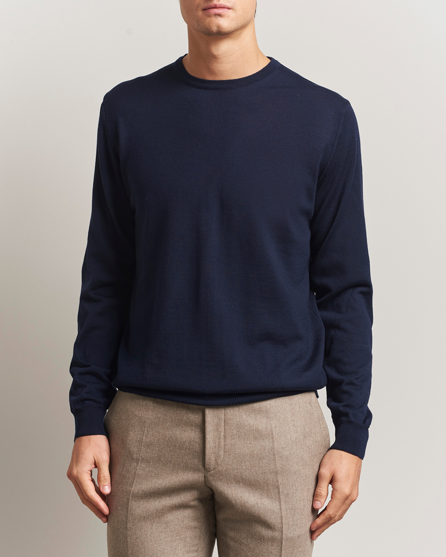 Uomini | Maglieria | Stenströms | Merino Patch Crew Neck Navy/Blue