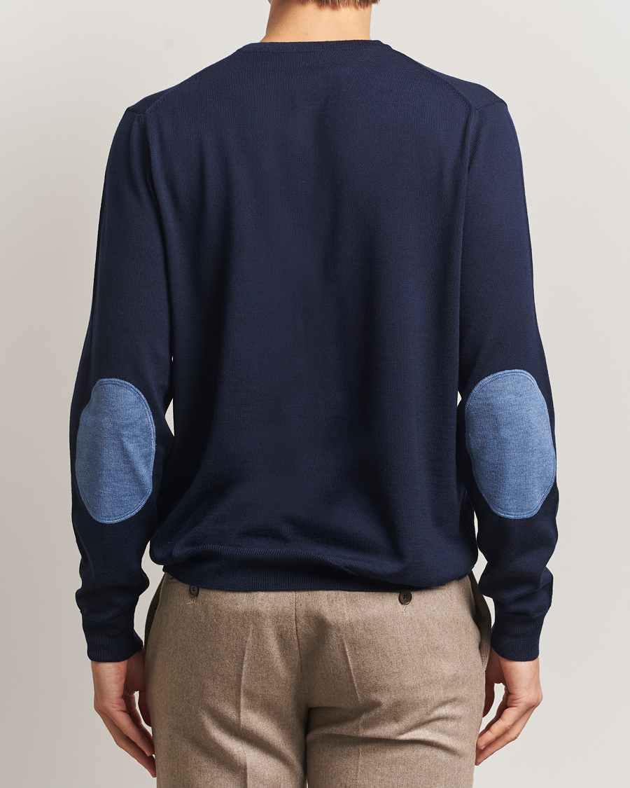 Uomini | Maglieria | Stenströms | Merino Patch Crew Neck Navy/Blue