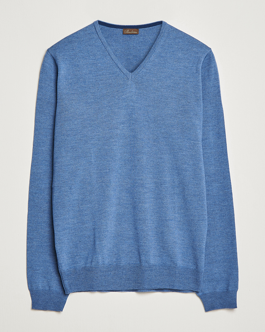 Uomini | Maglieria | Stenströms | Merino Patch V-Neck Light Blue/Blue