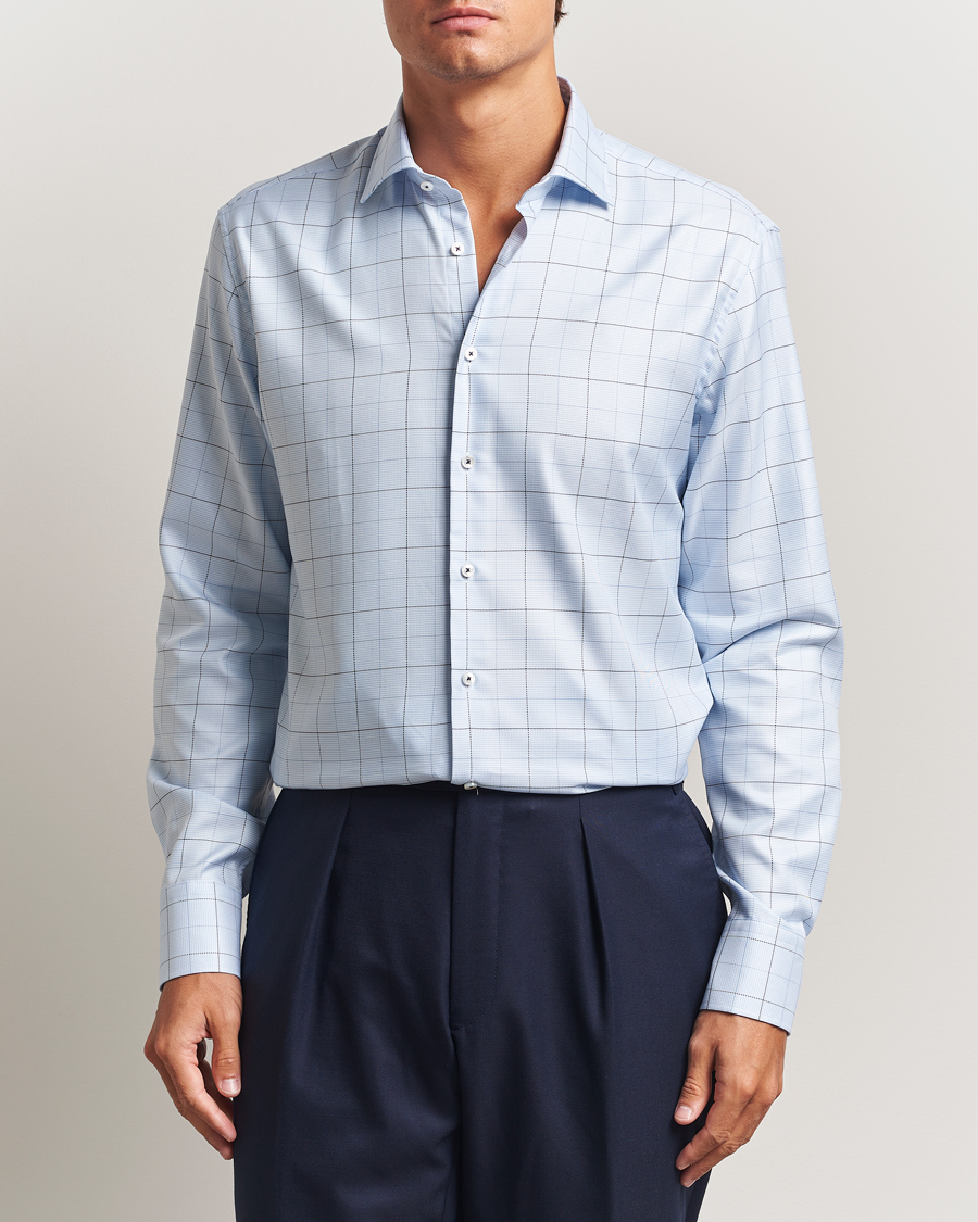 Uomini | Camicie | Stenströms | Regular Fit Cut Away Windowpane Shirt Blue