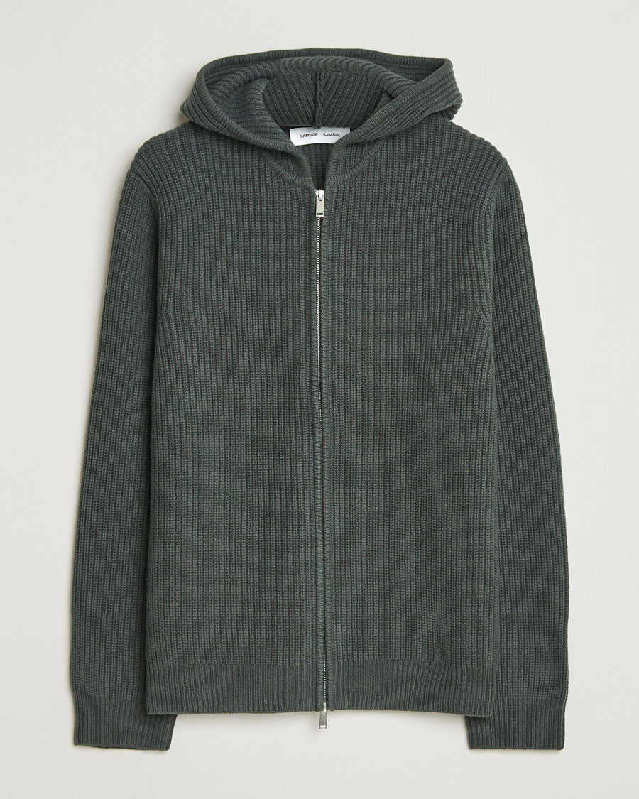Uomini | Maglieria | Samsøe Samsøe | Isak Heavy Knitted Full Zip Hoodie Dark Evergreen