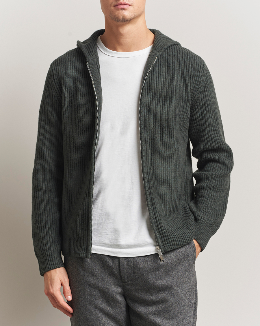 Uomini | Maglieria | Samsøe Samsøe | Isak Heavy Knitted Full Zip Hoodie Dark Evergreen