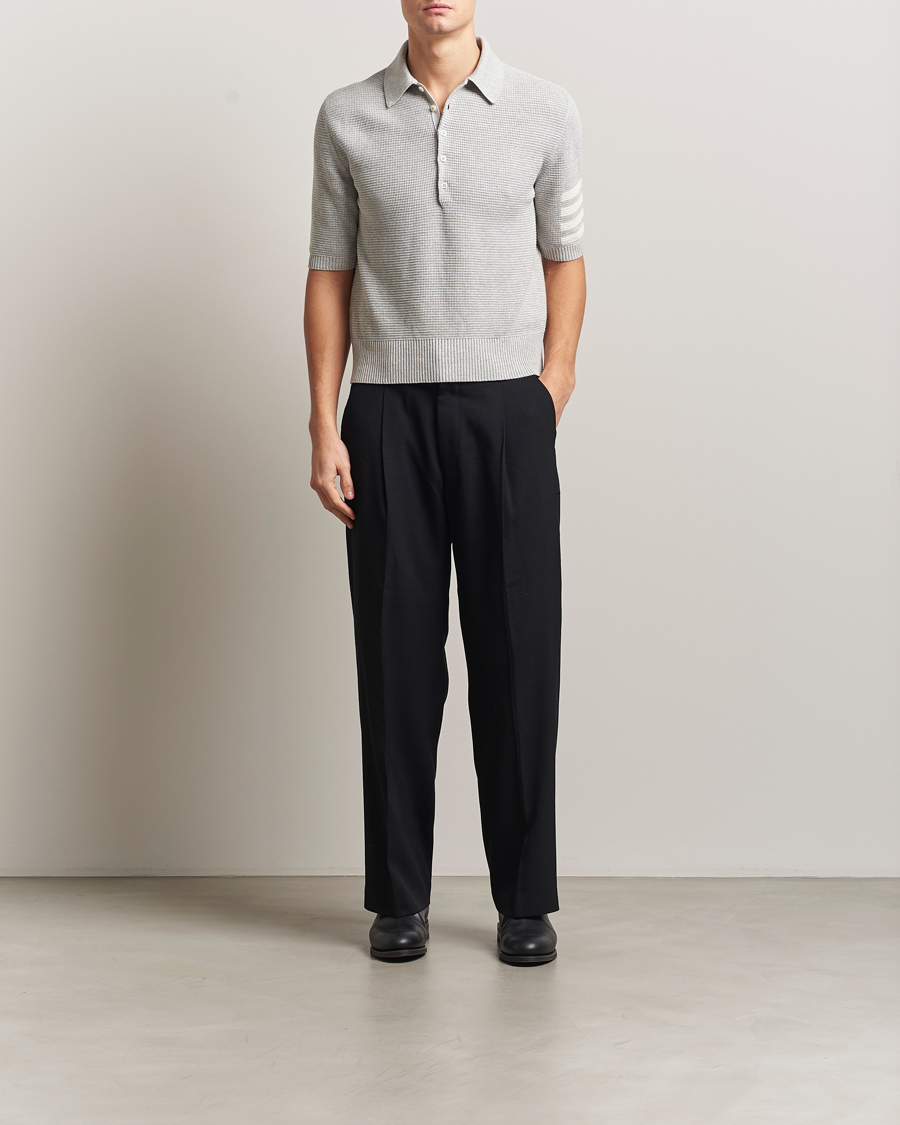 Uomini | Polo | Thom Browne | Textured 4 Bar Knitted Polo Light Grey