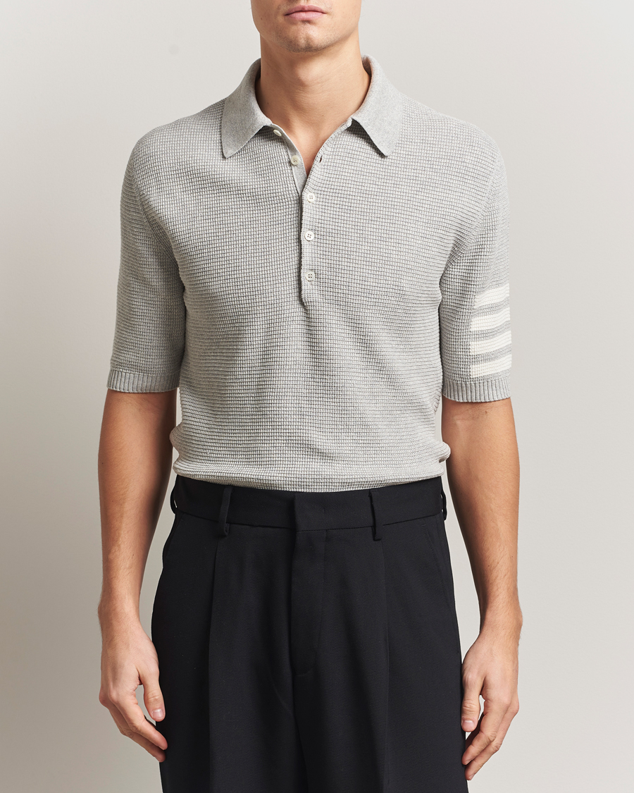 Uomini | Polo | Thom Browne | Textured 4 Bar Knitted Polo Light Grey
