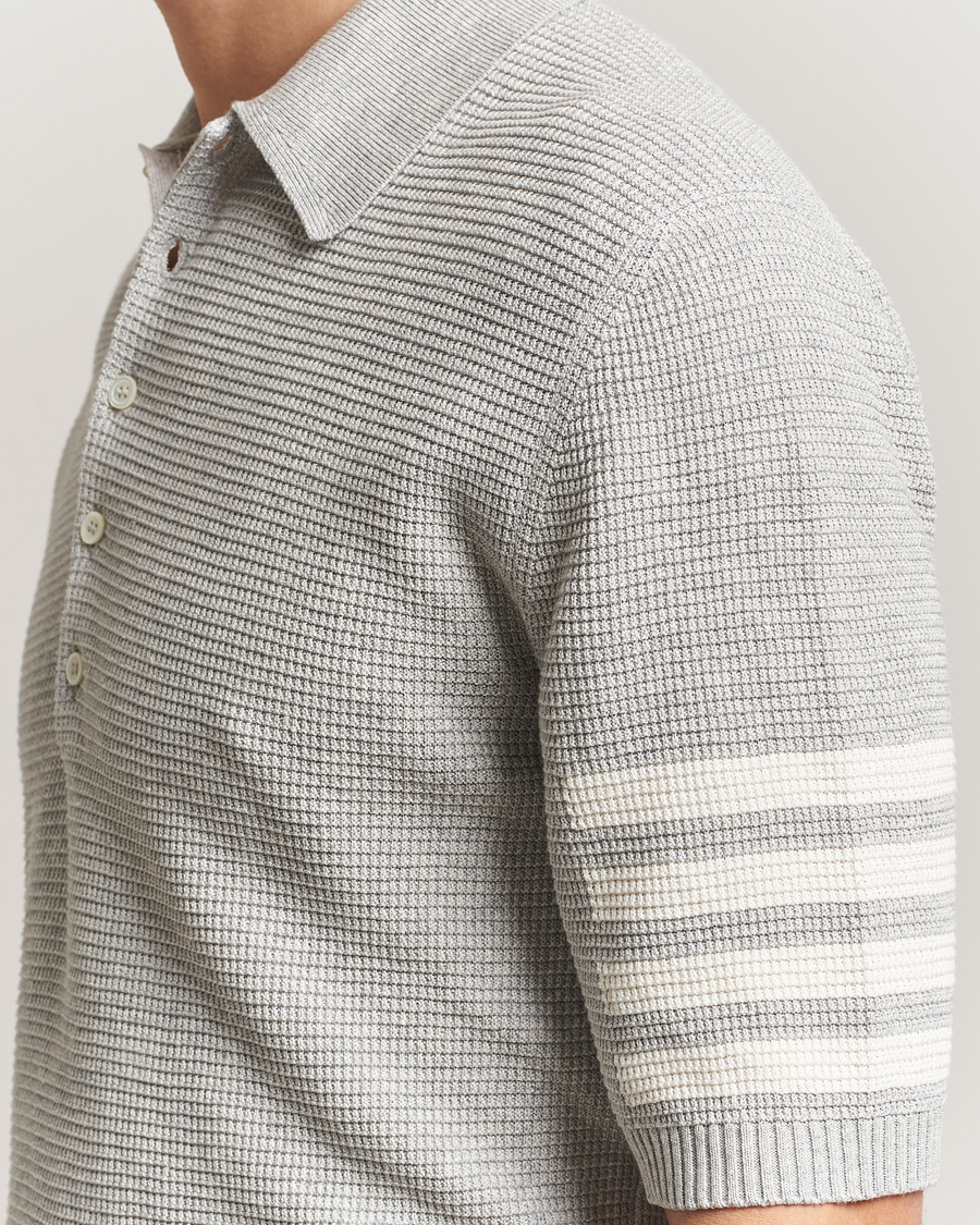 Uomini | Polo | Thom Browne | Textured 4 Bar Knitted Polo Light Grey