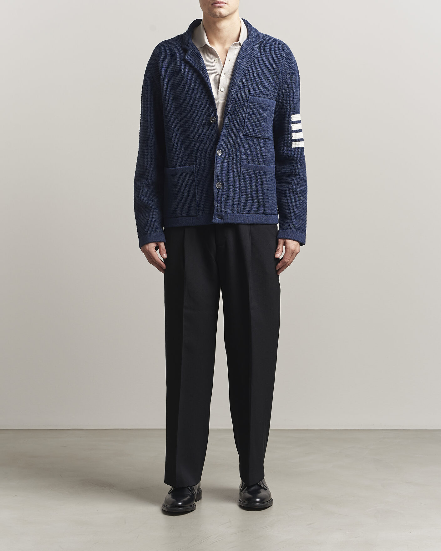 Uomini | Maglieria | Thom Browne | Textured 4 Bar Cardigan Jacket Navy