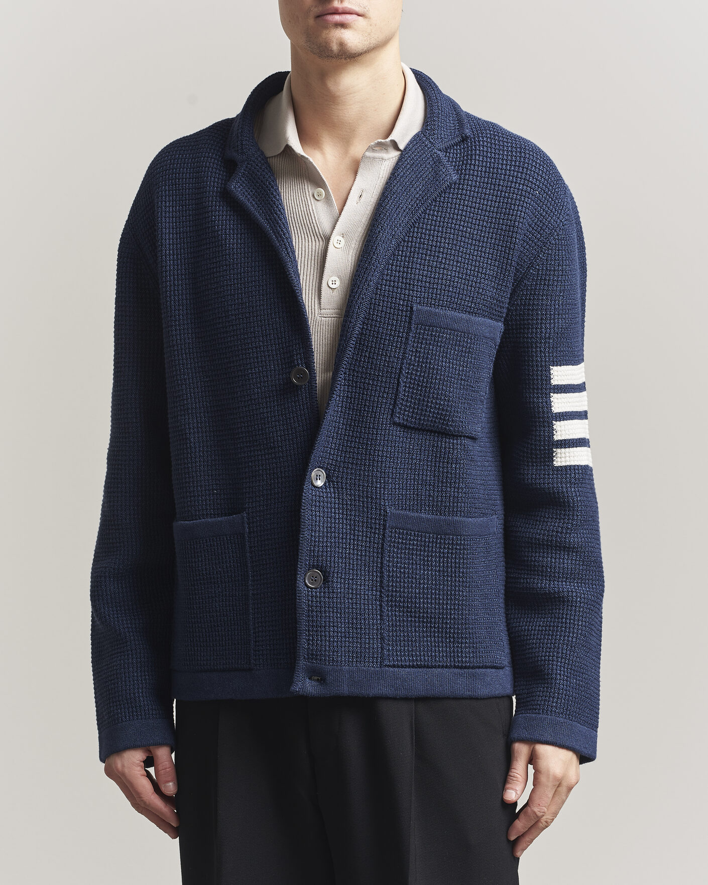 Uomini | Maglieria | Thom Browne | Textured 4 Bar Cardigan Jacket Navy