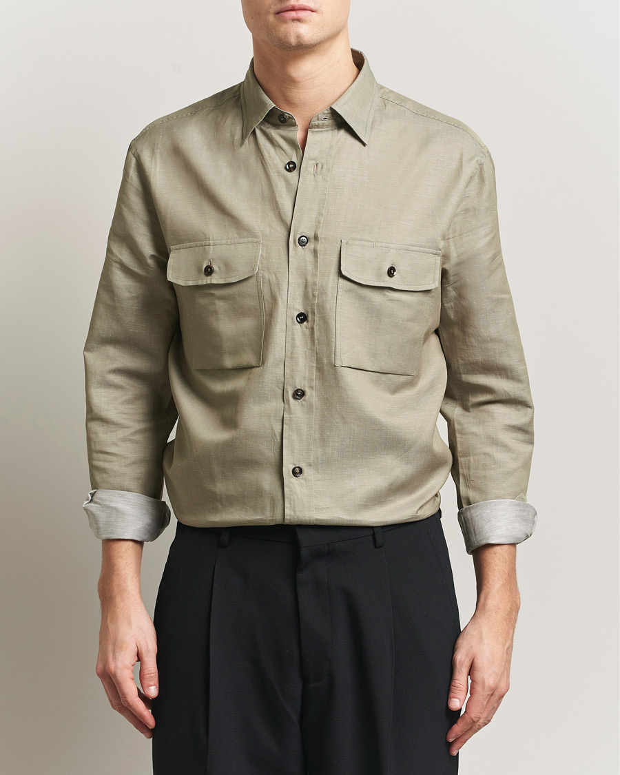Uomini | Camicie | Brioni | Cotton/Linen Overshirt Olive