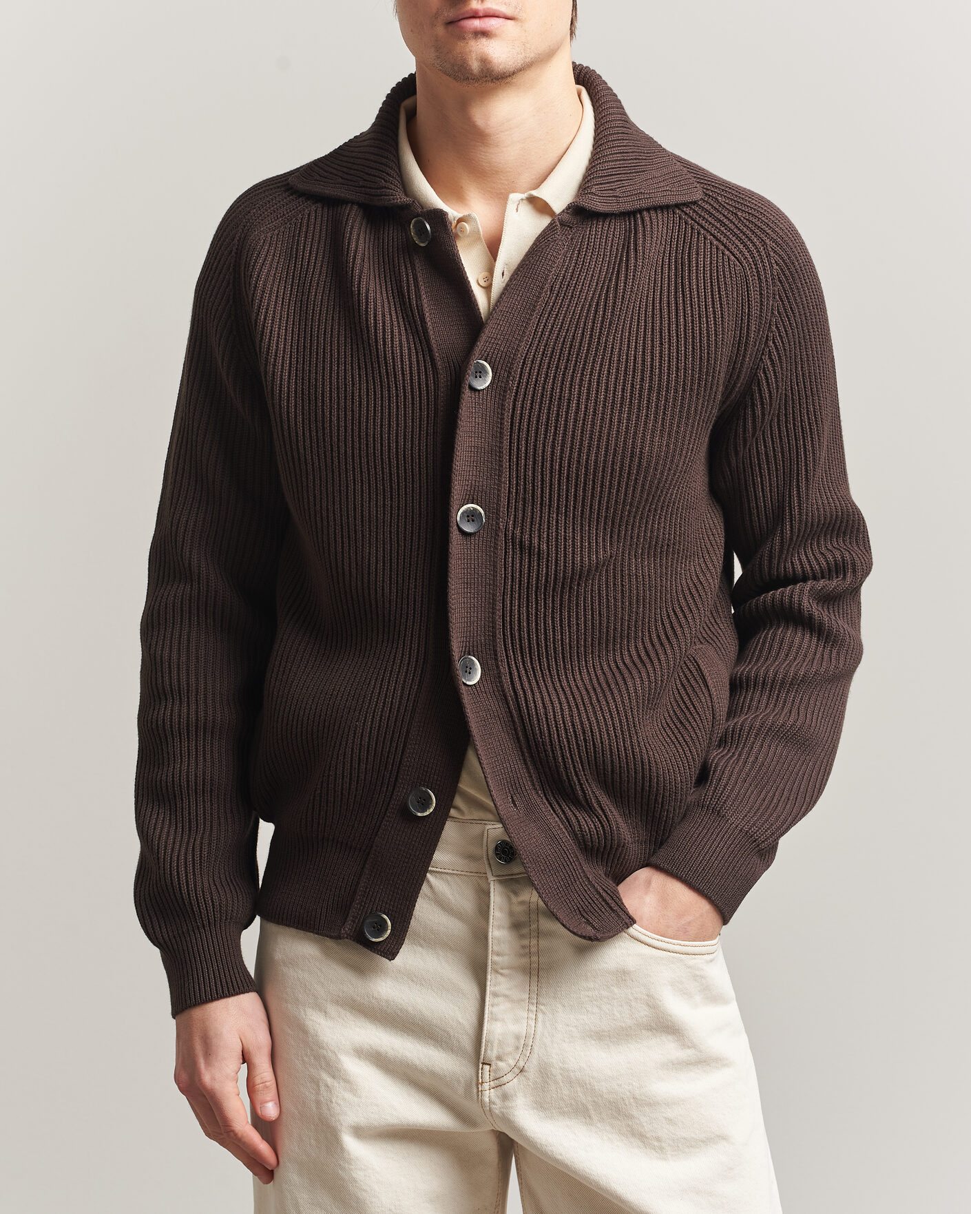 Uomini | Maglieria | Altea | Cotton Rib Cardigan Jacket Dark Brown