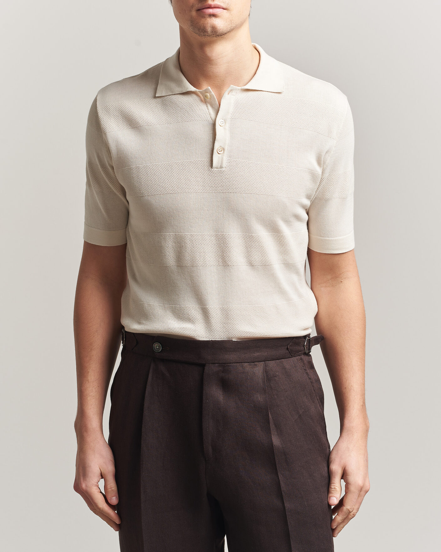 Uomini | Polo | Altea | Block Stripe Knitted Polo Off White