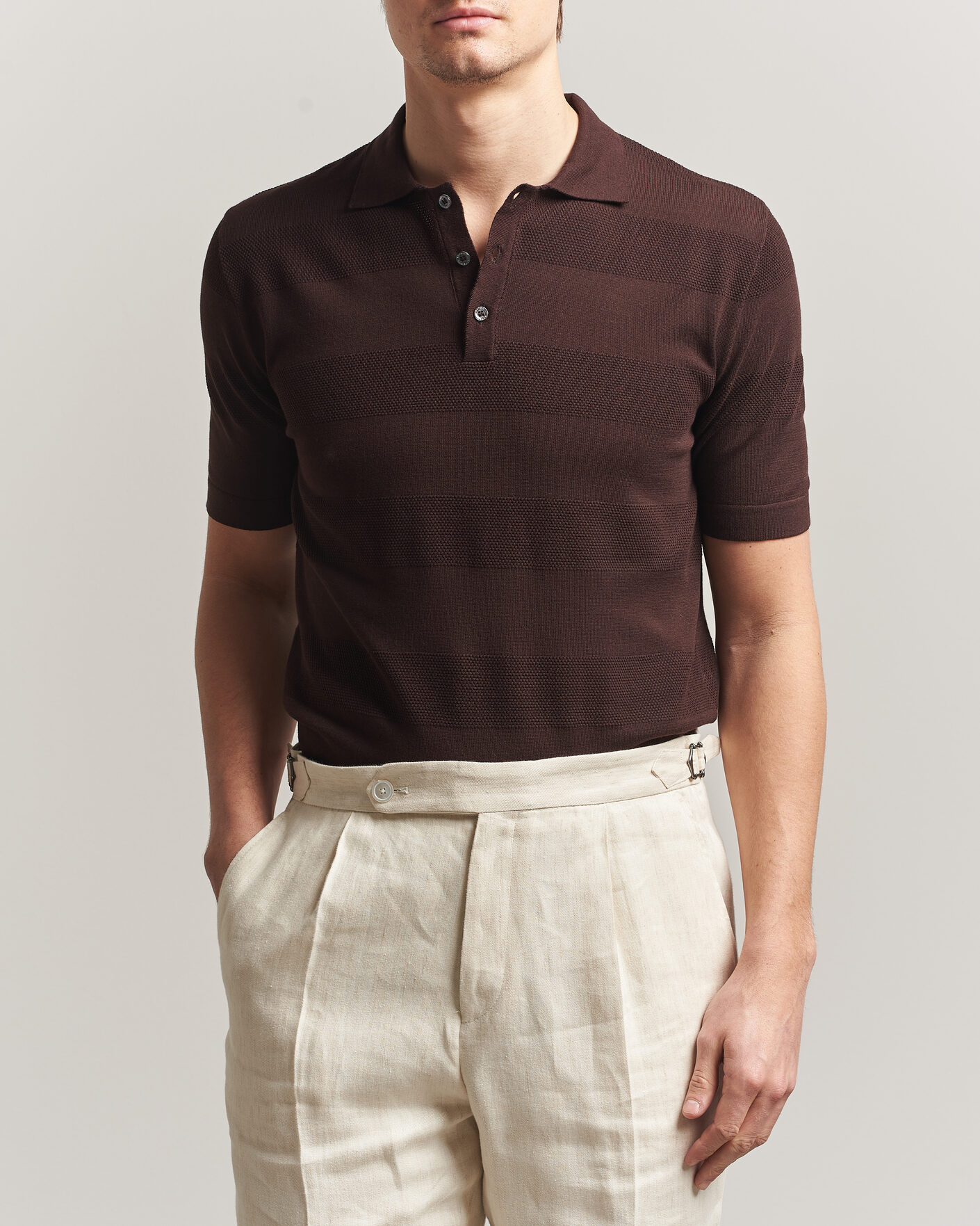 Uomini | Polo | Altea | Block Stripe Knitted Polo Dark Brown